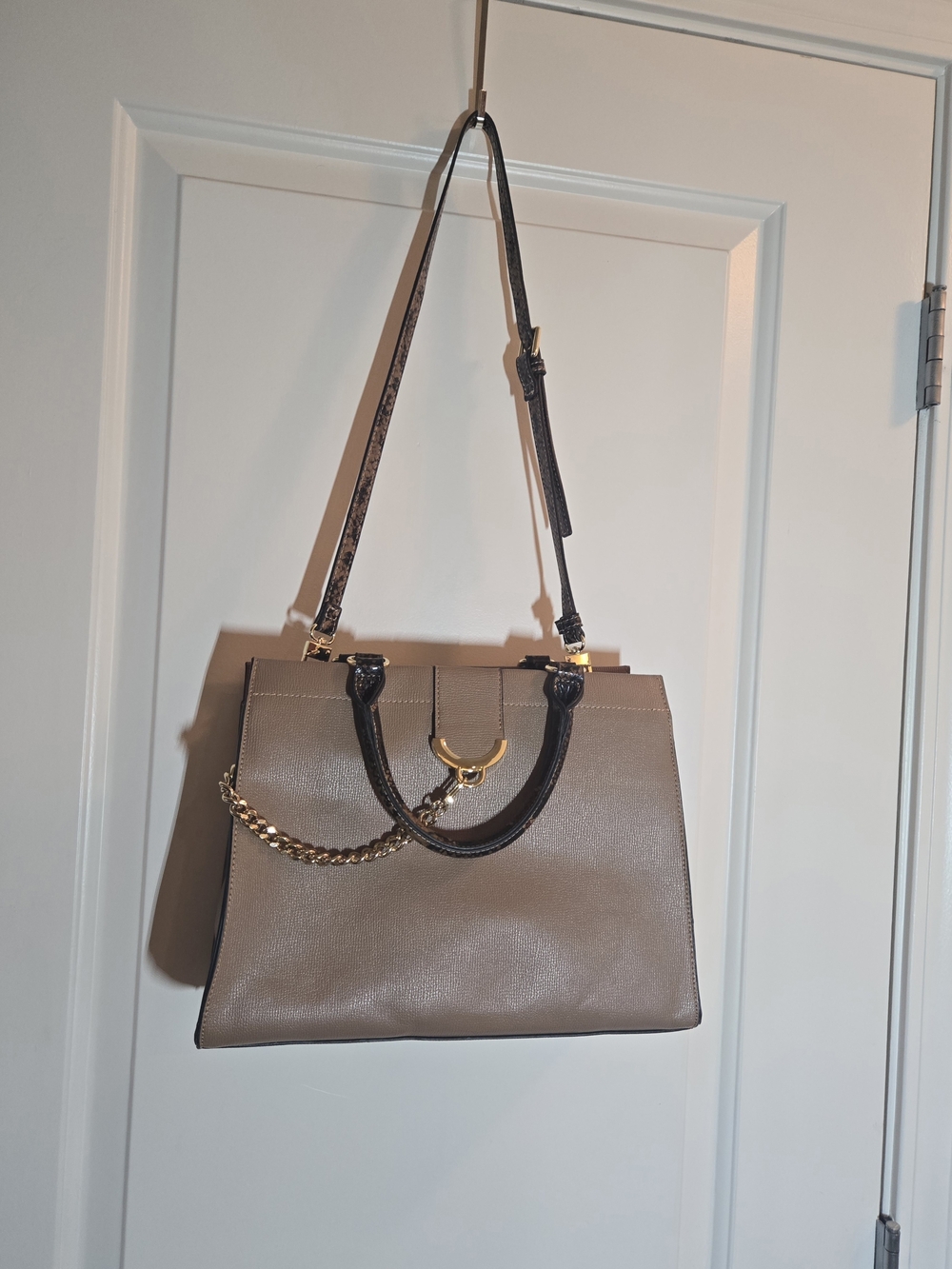 Gianni Bini Taupe Satchel Crossbody with Black Handles and Gold Hardware